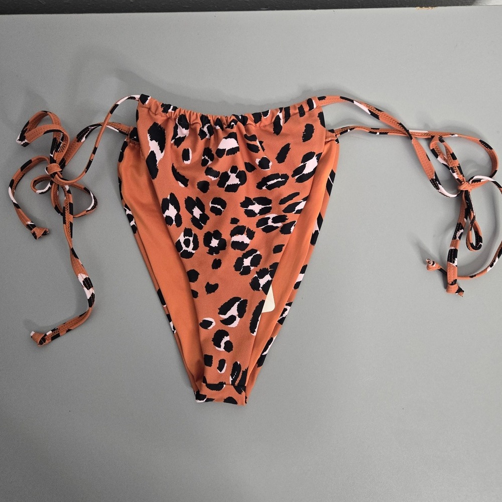 Fabletics Leopard Print Hi‎ Cut Bikini Bottom Swimsuit Tie Side Women L Vacation